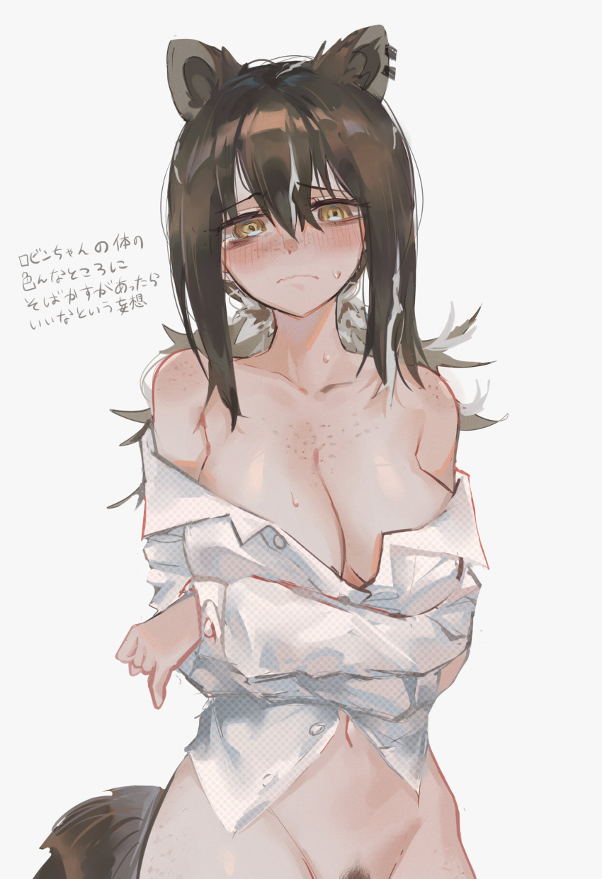 1girls 2023 animal_ears arknights arms_under_breasts blush breasts brown_eyes brown_hair cleavage commentary covering covering_breasts ear_piercing embarrassed freckles frown hi_res kaguura_(kagu) light-skinned_female light_skin looking_at_viewer naked_female no_panties piercing robin_(arknights) shirt simple_background solo standing sweat tail text