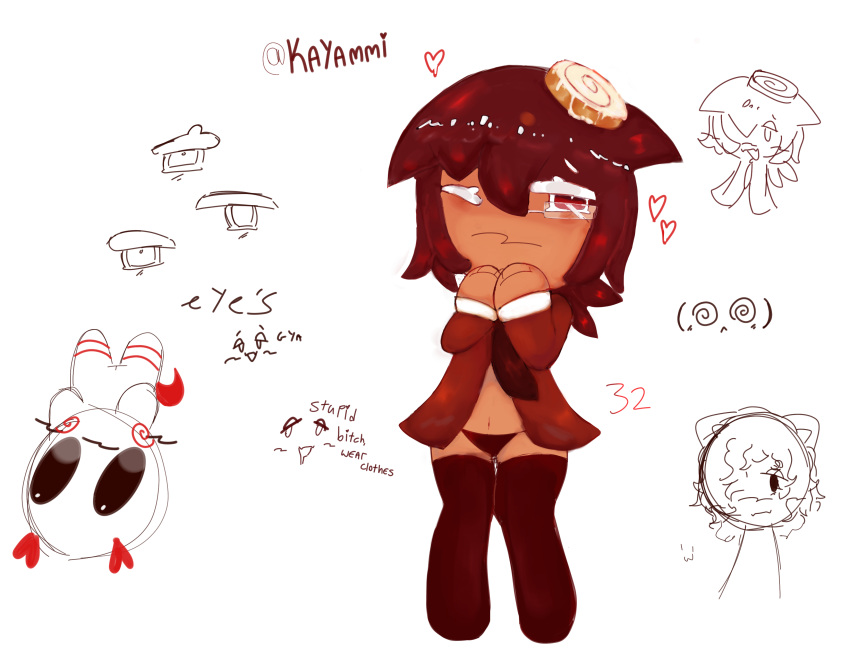 :< bikini_bottom chocolate_hair cookie_run doodle food food_themed_hair_ornament glasses hands_up heart logo looking_away nervous no_sex no_shirt oc original_character reference_image shitpost simple_shading standing thighhighs tie