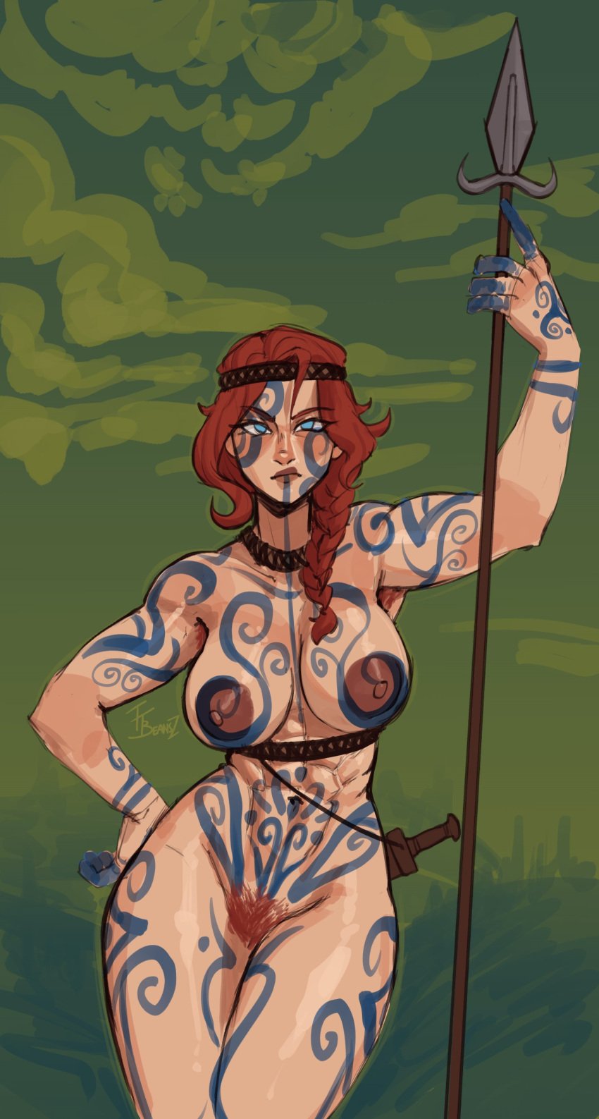 1girls abs ancient ancient_history artist_signature athletic_female barbarian blue_eyes blue_tattoo braid celtic_tattoos dark_nipples face_tattoo female female_only ginger hairy hairy_armpits hairy_pussy hand_on_hip headband history holding_polearm holding_spear holding_weapon large_areolae large_breasts light-skinned_female light_skin muscular muscular_female naked naked_female national_personification necklace nude nude_female pict polearm pubic_hair red_hair red_pubic_hair savage solo solo_female spear tattoo tattoo_on_arm tattoo_on_belly tattoo_on_breast tattoo_on_chest tattoo_on_hand tattoo_on_legs tattoos teine_(titobeansz) titobeansz tribal tribal_markings war_paint warpaint weapon