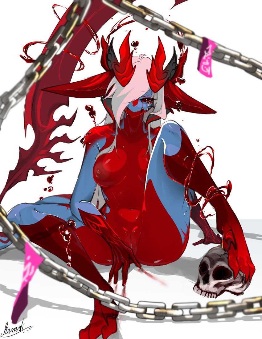 absurd_res anthro blood blush bodily_fluids bone chains claws dragon female fur genitals hair hi_res horn hybrid looking_at_viewer mammal nude pussy ranadi simple_background skull smile solo tail talisman