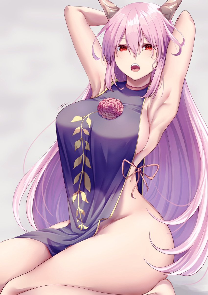 :o armpit_hair armpits arms_behind_head arms_up breasts fangs female female_only grey_background hair_between_eyes horns huge_breasts ibaraki_douji_(touhou) kasen_ibaraki large_breasts long_hair looking_at_viewer mirufui naked_tabard no_bra no_panties open_mouth pelvic_curtain pink_hair red_eyes seiza sideboob sitting solo tabard tagme teeth thick_thighs touhou upper_teeth_only wide_hips