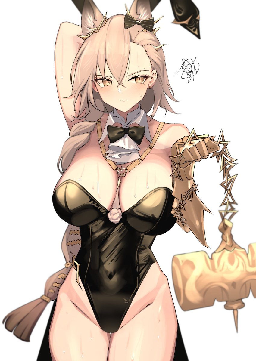 360_(taiyo360) arknights blonde_hair bunny_ears bunnysuit embarrassed female hammer hazel_eyes huge_breasts leotard long_hair penance_(arknights) perfect_body raised_arm thighs thorns tight_clothing wolf_ears