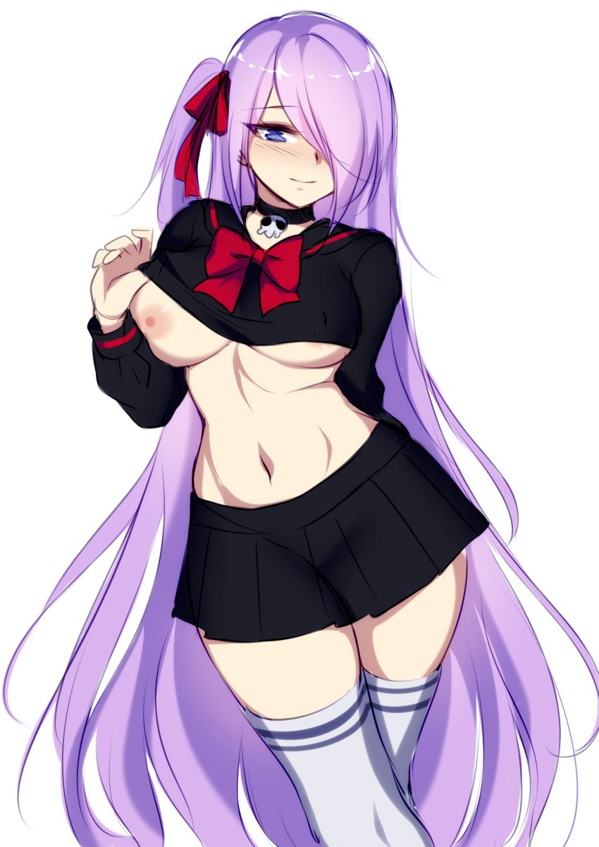 black_sweater breast_exposed breasts_exposed cleavage dirtykuro exposed_breast exposed_breasts flashing_breasts foxykuro hair_covering_eye hair_covering_one_eye hair_over_eye hair_over_one_eye hair_over_one_eyes kuro_(foxykuro) long_hair long_purple_hair original purple_eyes purple_hair purple_hair_female school_girl school_uniform schoolgirl schoolgirl_uniform