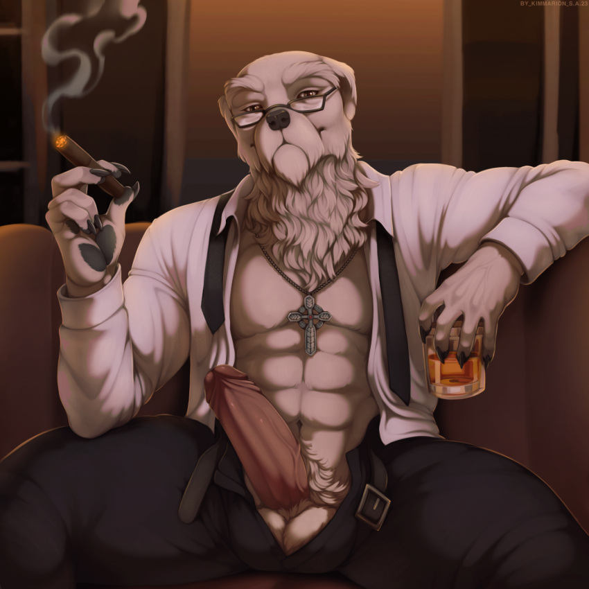 alcohol anthro balls beverage boss business business_attire canid canine canis ceo cigar clothed clothing cross cross_necklace domestic_dog erection eyewear genitals glasses hi_res humanoid_genitalia humanoid_penis hunting_dog irish_wolfhound jewelry laskey loose_belt loose_tie male mammal necklace open_clothing open_shirt open_topwear penis rager-ermare shirt sighthound sitting smoking smoking_cigar solo topwear unzipped unzipped_pants vein veiny_penis whiskey_glass zipper