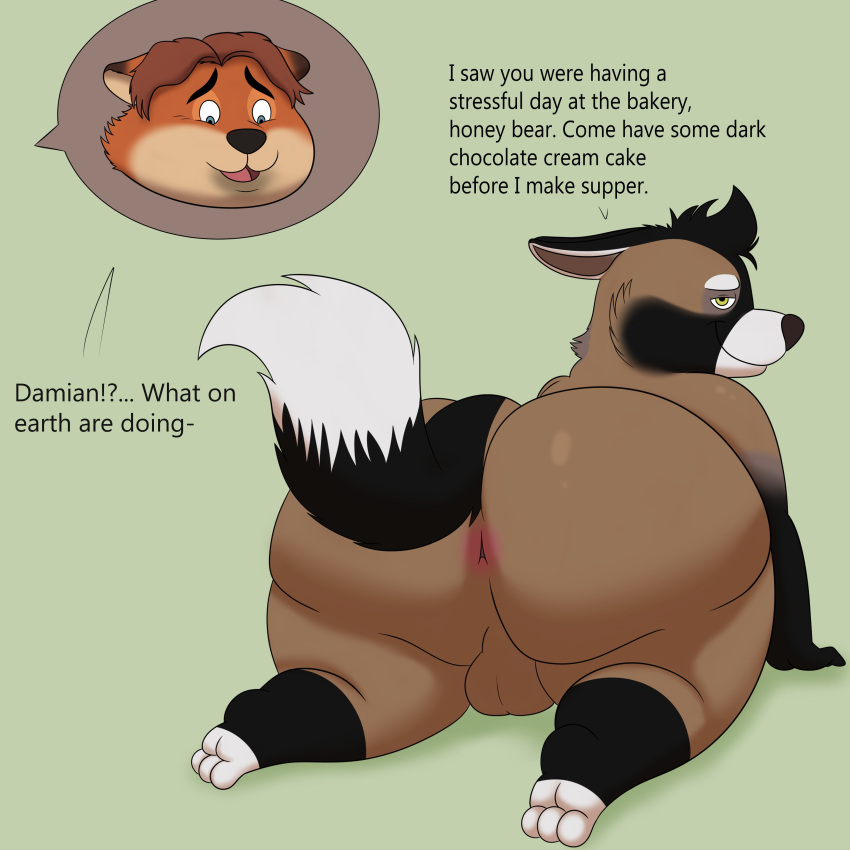 absurd_res all_fours anthro anus ass balls big_butt black_body black_ears black_fur black_hair black_tail blue_eyes brown_body brown_ears brown_hair brown_nose brown_tail canid canine canis colossalstars damian_(character) dialogue digital_media_(artwork) disney duo english_text fox fur genitals gideon_grey green_background hair hi_res looking_at_another looking_back male mammal multicolored_body multicolored_ears multicolored_fur orange_body orange_ears orange_fur original original_character presenting presenting_hindquarters rear_view simple_background tail tan_body tan_fur text thick_thighs tongue two_tone_body two_tone_ears two_tone_fur two_tone_tail white_body white_fur white_tail y_anus yellow_eyes zootopia