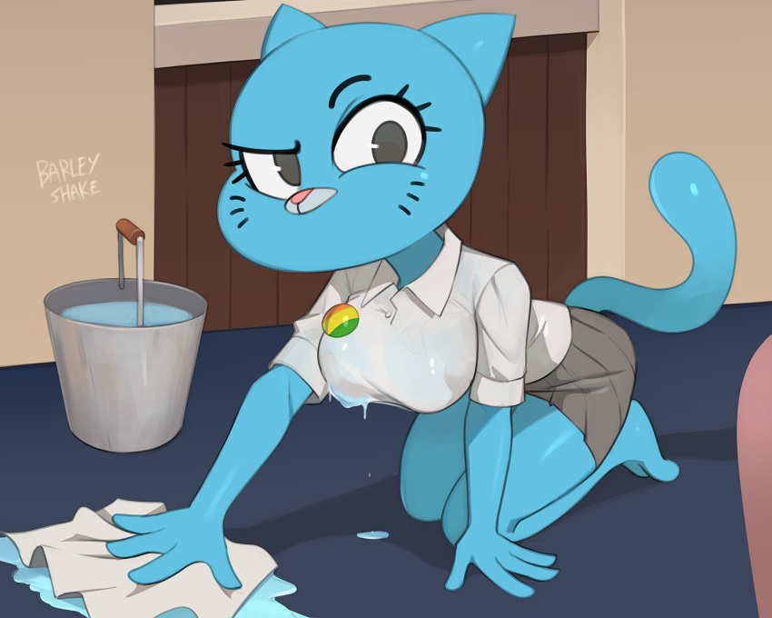 barleyshake blue_fur bucket cartoon_network cat_ears cat_tail cleaning cleaning_rag feline female housework kneeling milf mopping nicole_watterson skirt the_amazing_world_of_gumball wet wet_clothing white_shirt