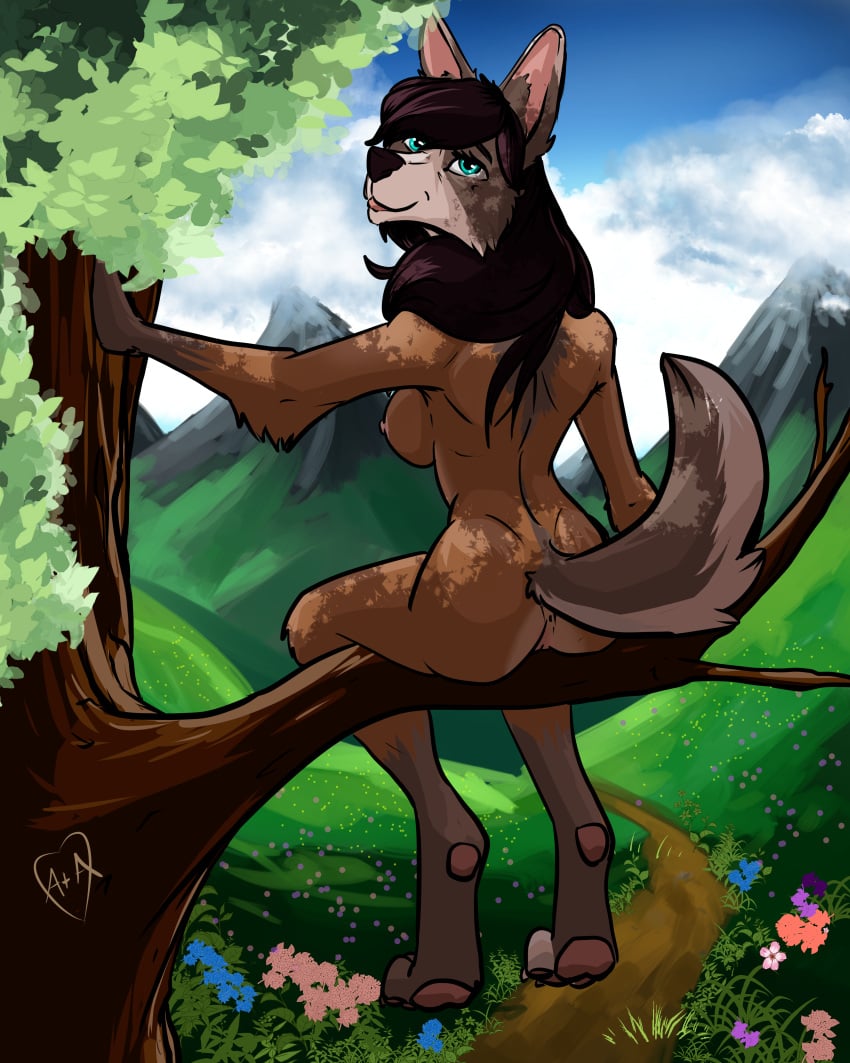 absurd_res acev annabelle_(nikolokinina) anthro breasts canid canine canis domestic_dog exhibitionism female genitals hi_res mammal mountain nipples nude plant pussy scenery shaded solo tree