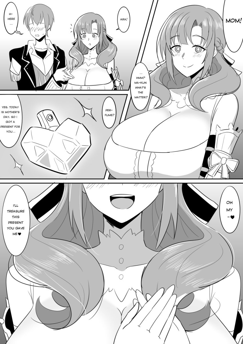 1boy 1girls big_breasts black_and_white blush blush_lines blushing blushing_female blushing_male boob_window breasts_bigger_than_head cleavage do_you_love_your_mom_and_her_two-hit_multi-target_attacks? english_text eyes_out_of_frame gloves happy large_breasts long_gloves milf monochrome mother mother_and_son netorare oosuki_mamako oosuki_masato perfume smile smiling text text_bubble tsuujou_kougeki_ga_zentai_kougeki_de_ni-kai_kougeki_no_okaasan_wa_suki_desu_ka? wavy_hair yamino_kuroko