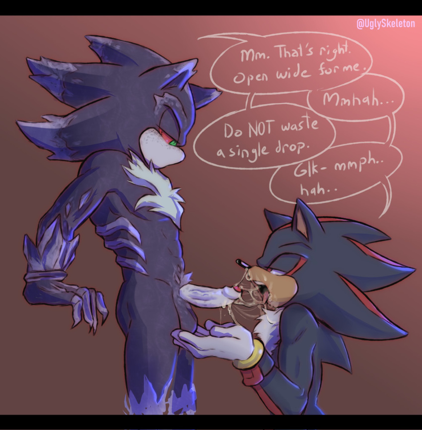 anthro balls biped bodily_fluids cum cum_in_mouth cum_inside cum_on_face cum_string dialogue duo foreskin genital_fluids genitals hi_res male male/male mephiles_the_dark penis saliva saliva_string sega shadow_the_hedgehog sonic_(series) sonic_the_hedgehog_(series) speech_bubble uglyskeleton