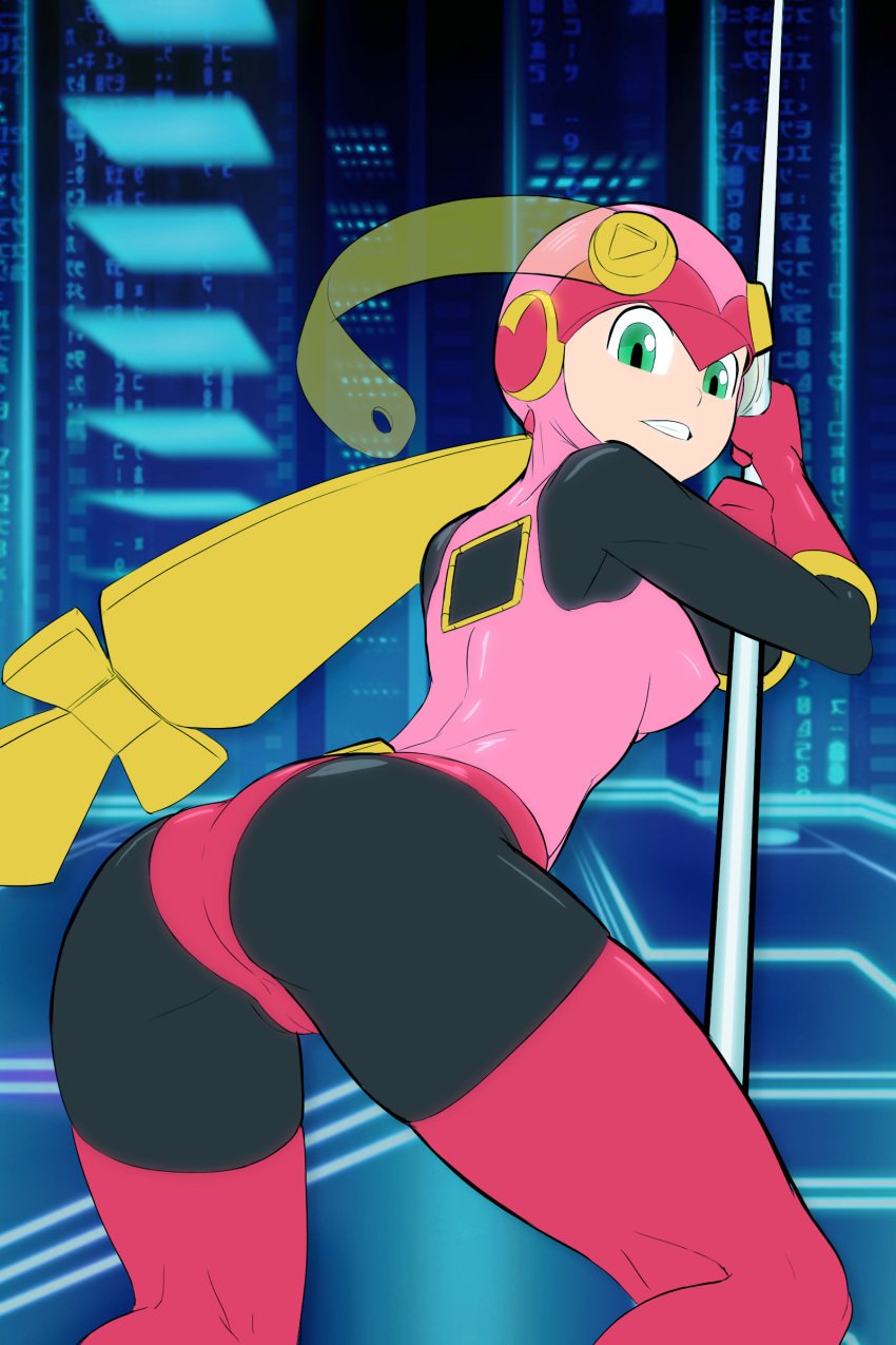 1girls anythinggoes ass bodysuit breasts capcom edit from_behind gloves hairband helmet leotard looking_at_viewer mega_man mega_man_battle_network netnavi nipple_bulge nipples pink_clothing pole_dancing ponytail rear_view rockman rockman_exe roll.exe smile solo stockings thighhighs