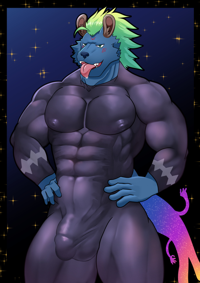 abs anthro ball_bulge blue_body blue_fur bulge clothing cthulhu_mythos deity edogast fur god green_hair h.p._lovecraft hair hands_on_waist hi_res hyena lifewonders literature male mammal muscular muscular_arms muscular_male muscular_thighs mythology night nipple_outline nyarlathotep_(tokyo_afterschool_summoners) pecs perineum_outline public_domain raised_arms skintight_bodysuit sky solo spandex_suit spread_legs spreading star tokyo_afterschool_summoners tongue tongue_out topwear