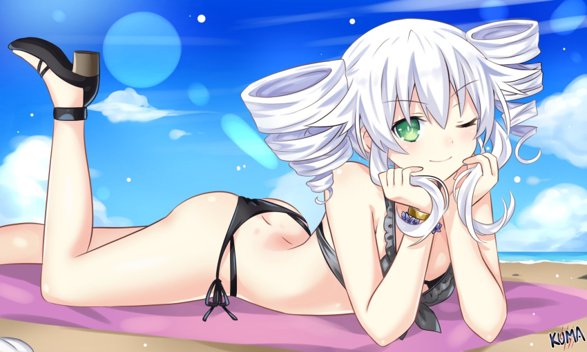 1girls ass beach bikini black_sister blush confident drill_hair goddess green_eyes high_heels lewdkuma light-skinned_female looking_at_viewer lying_on_stomach neptunia_(series) on_stomach one_eye_closed pose posing side_view smile solo the_pose thighs uni_(neptunia) white_hair wink