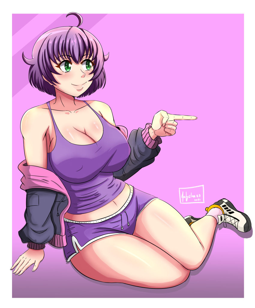 1girls big_breasts busty cleavage female female_only green_eyes hi_res large_breasts legs midriff original purple_hair short_hair shorts sleeveless smile solo thick_thighs thighs voluptuous yukino_akaihi