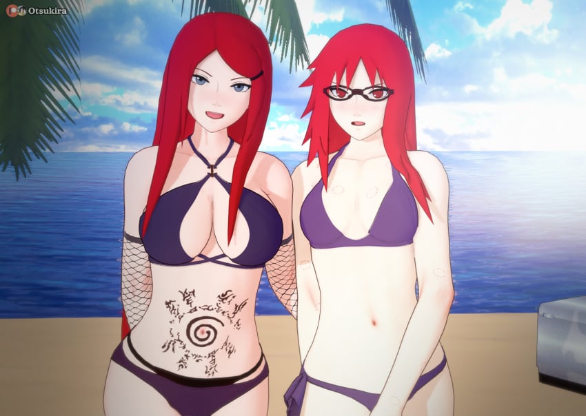 2girls 3d age_difference beach big_breasts bikini breasts cleavage female female_only fully_clothed glasses koikatsu looking_at_viewer milf naruto naruto_(series) naruto_shippuden older_female otsukira outdoors red_eyes red_hair revealing_swimsuit seaside skimpy skimpy_bikini smile stomach_tattoo swimsuit tattoo uzumaki_karin uzumaki_kushina very_long_hair younger_female