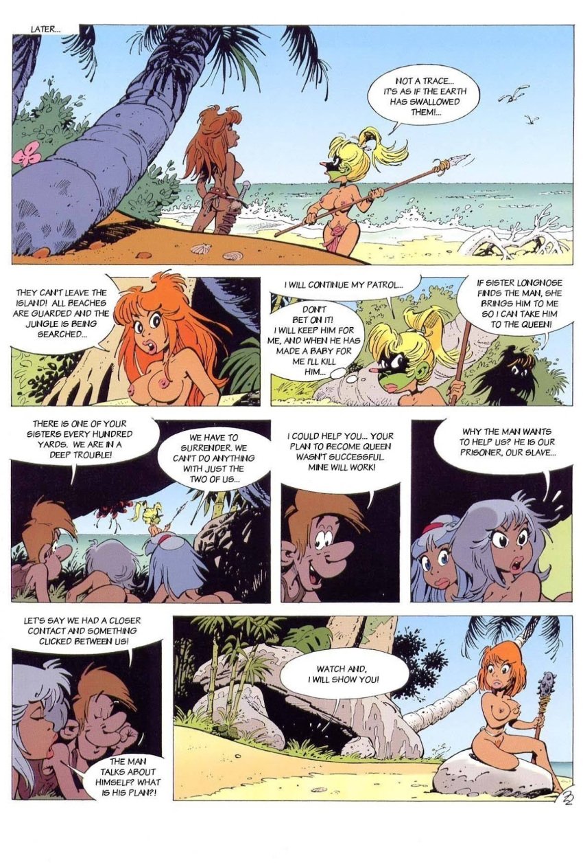 1990s 1999 1boy 20th_century 5girls amazon beach belt_only blonde blonde_female breasts clothed_male_nude_female clouds club comic comic_page dialogue hairy_pussy island jungle light-skinned_female light-skinned_male loincloth loincloth_only long_hair naked naked_female nipples nude nude_female orange_hair orange_pubic_hair page_22 palm_trees pierre_seron planning ponytail pubic_hair sand short_hair spear sword talking_to_another tan-skinned_female unshaved_pussy war_paint