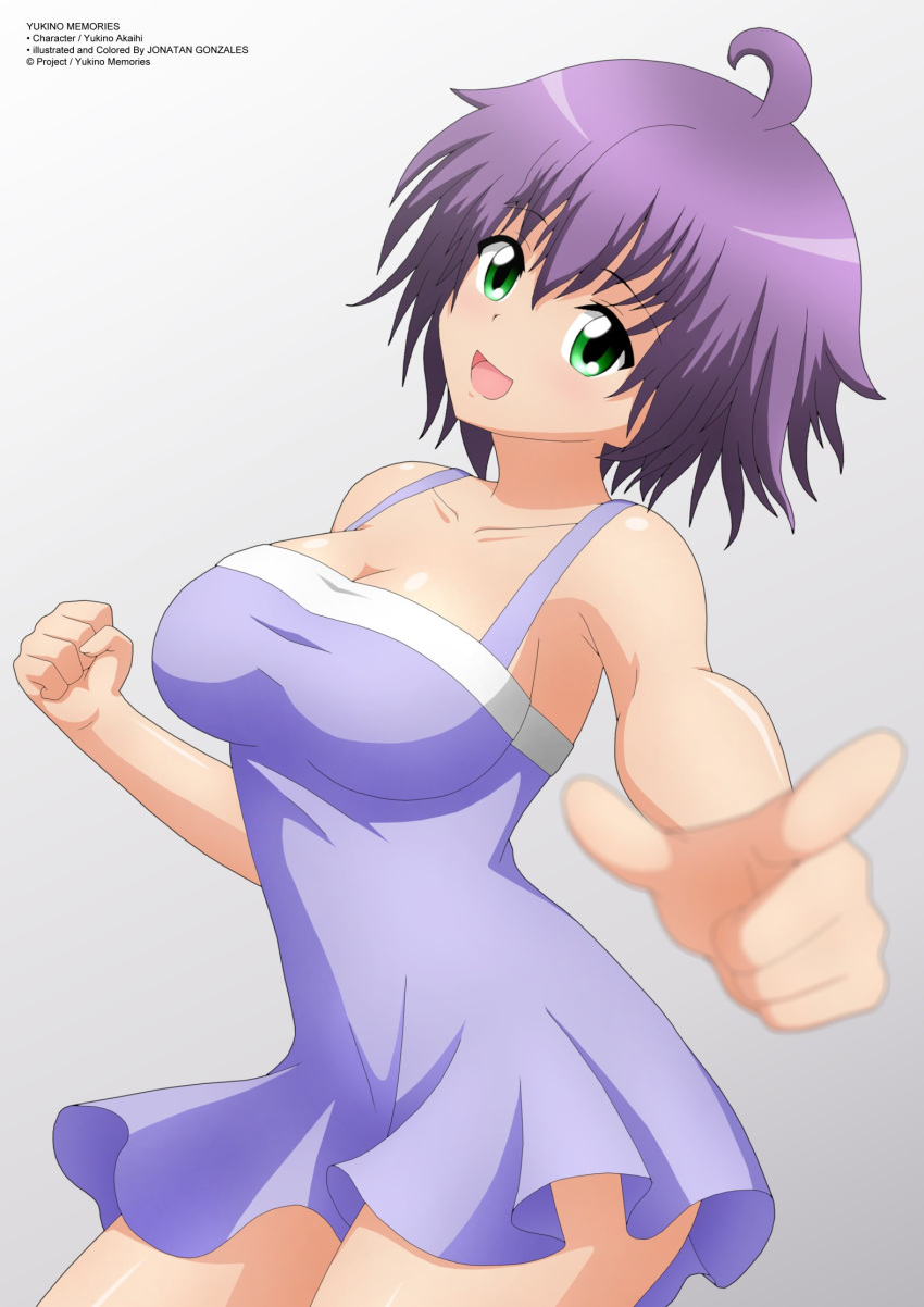 1girls big_breasts busty cleavage female female_only green_eyes large_breasts legs long_hair open_mouth original pointing purple_hair short_hair sleeveless smile solo thighs voluptuous yukino_akaihi yukino_memories zel-sama