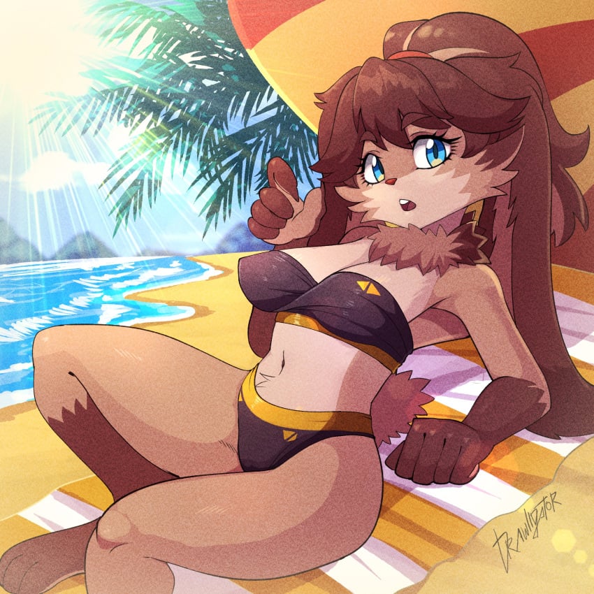 adorable anthro beach blue_eyes bra breasts brown_body brown_hair clothed clothing cute cute_face domestic_rabbit drawligator female female_only hair hi_res lagomorph lepi_(species) leporid loincloth lop_(star_wars) lop_(star_wars_visions) lop_rabbit mammal necklace panties rabbit sand sitting solo solo_female star_wars star_wars_visions tuft underwear