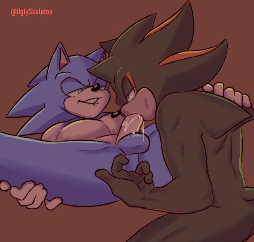 anal anal_fingering anthro balls biped bodily_fluids cocky cocky_smile duo fingering genitals hi_res male male/male male_only oral penis saliva saliva_on_penis sega shadow_the_hedgehog sonadow sonic_(series) sonic_the_hedgehog sonic_the_hedgehog_(series) uglyskeleton