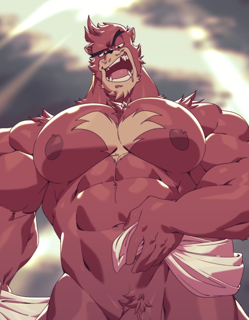 5_fingers abs absurd_res absurdres anthro biceps chesschirebacon chest_tuft facial_hair fingers fur genitals goatee hi_res holding_object holding_towel kumatetsu looking_at_viewer low-angle_view male male_only muscular muscular_anthro muscular_male navel nipples nude open_mouth open_towel pecs penis red_body red_fur solo the_boy_and_the_beast towel tuft vein veiny_penis