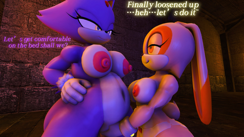 3d 3d_(artwork) anthro big_ass big_breasts blaze_the_cat cream_the_rabbit female/female five_(artist) hand_on_hip looking_at_another smiling sonic_(series) source_filmmaker thick_thighs