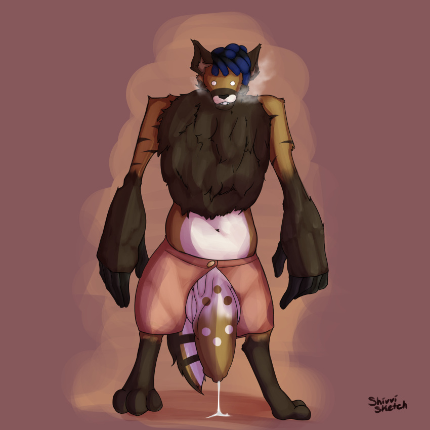 1:1 absurd_res anthro belly big_hands big_penis black_hair blue_highlights bodily_fluids bottomwear brown_ears brown_stripes civet clothing dreadlocks facial_markings fluffy_chest foreskin fur genital_fluids genitals gloves_(marking) hair head_markings hi_res highlights_(coloring) huge_cock humanoid_genitalia humanoid_penis hyper hyper_genitalia hyper_penis kheyth_(suicunicide) leaking_precum male male_only mammal markings mask_(marking) pattern_background penis penis_through_fly poking_out precum shivvisketch shorts simple_background solo steamy_breath striped_markings striped_tail stripes tail tail_markings tan_body tan_fur vein veiny_penis viverrid white_belly