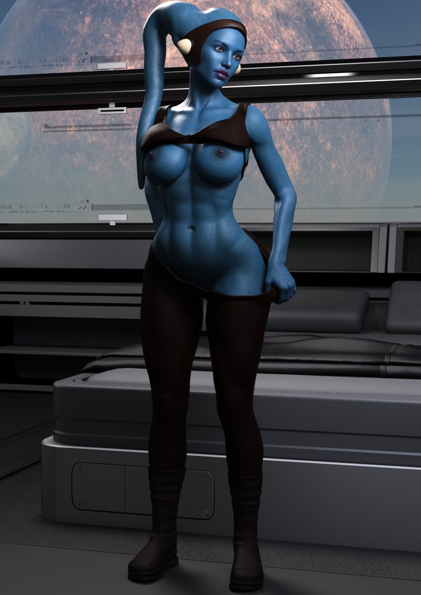 1girls 3d aayla_secura absurd_res blue_body breasts child_bearing_hips drinkerofskies female female_only pose solo star_wars twi'lek undressing wide_hips