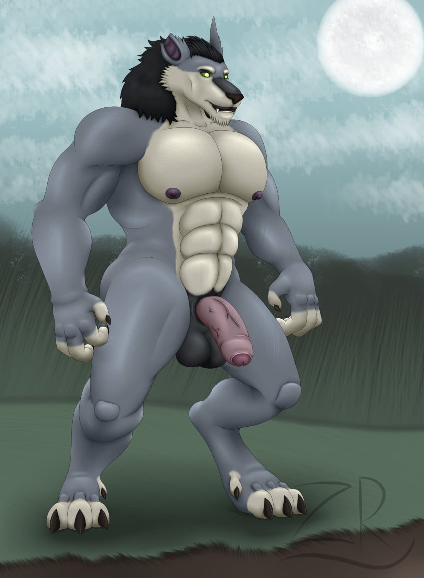 abs absurd_res anthro balls biceps blizzard_entertainment canid canine claws dark_mane flaccid fur furryrex_(artist) genitals green_eyes grey_body grey_fur hi_res male mammal muscular muscular_anthro muscular_male nipples nude pecs penis purple_nipples rex_(furryrex) solo warcraft were werecanid werecanine werewolf worgen