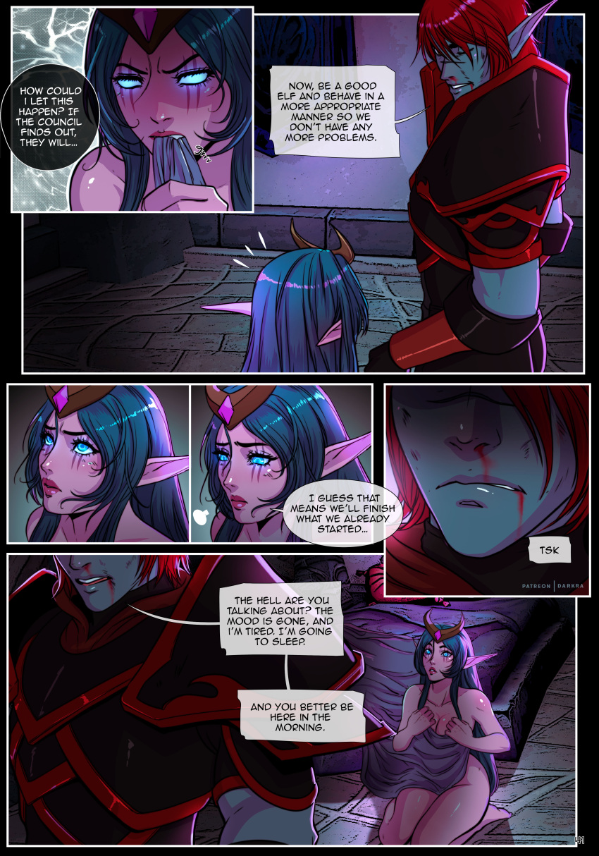 1boy 1girls aqua_hair big_breasts blizzard_entertainment blue_hair comic comic_page darkra dialogue druid_(warcraft) english_text kelsier_sharpsun lulusa_wildmist night_elf original_character page_41 pink_skin red_hair void_elf warcraft world_of_warcraft