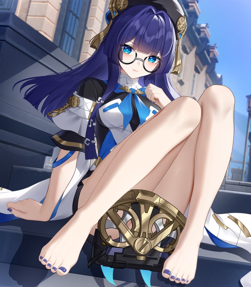 absurdres barefoot black_gloves black_headwear black_nails boots bottomless building dress elbow_gloves female glasses gloves highres honkai:_star_rail honkai_(series) legs long_hair looking_at_viewer nail_polish open_mouth outdoors pela_(honkai:_star_rail) purple_hair purple_scarf pussy round_eyewear scarf short_sleeves sitting sky solo toenail_polish toenails white_dress white_footwear wu_ganlan_cai