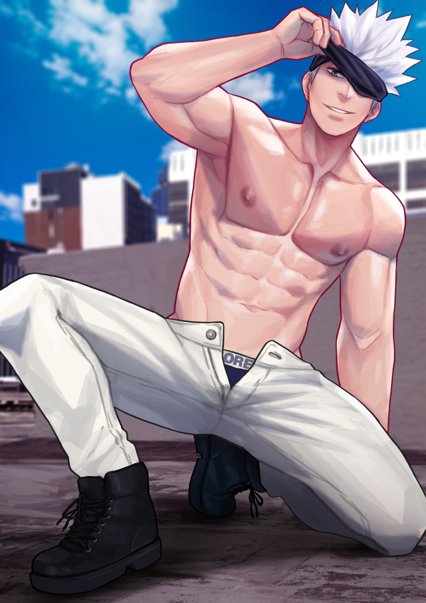 1boy abs blue_eyes jujutsu_kaisen male male_focus male_only maorenc satoru_gojo solo tagme white_hair white_pants