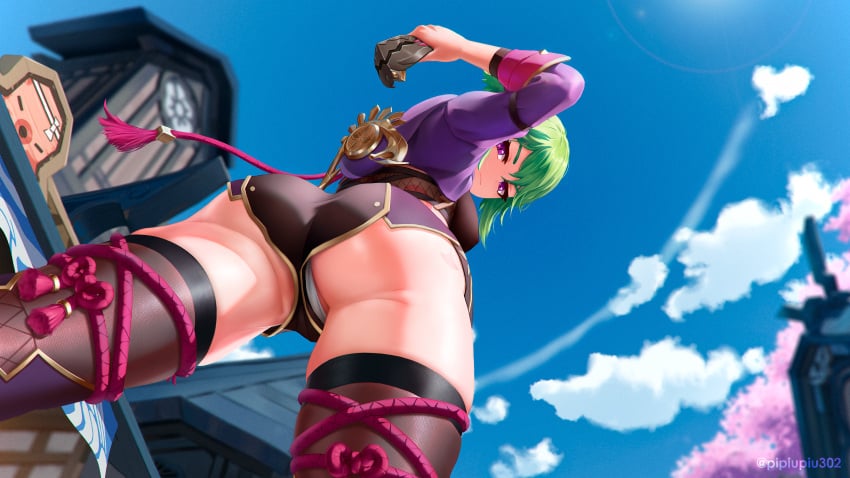 1girls ass ass_focus big_ass big_thighs busty female female_only genshin_impact green_hair huge_ass huge_thighs kuki_shinobu large_ass large_thighs mask_off panties pipiupiu302 purple_eyes thick_thighs thighs voluptuous white_panties