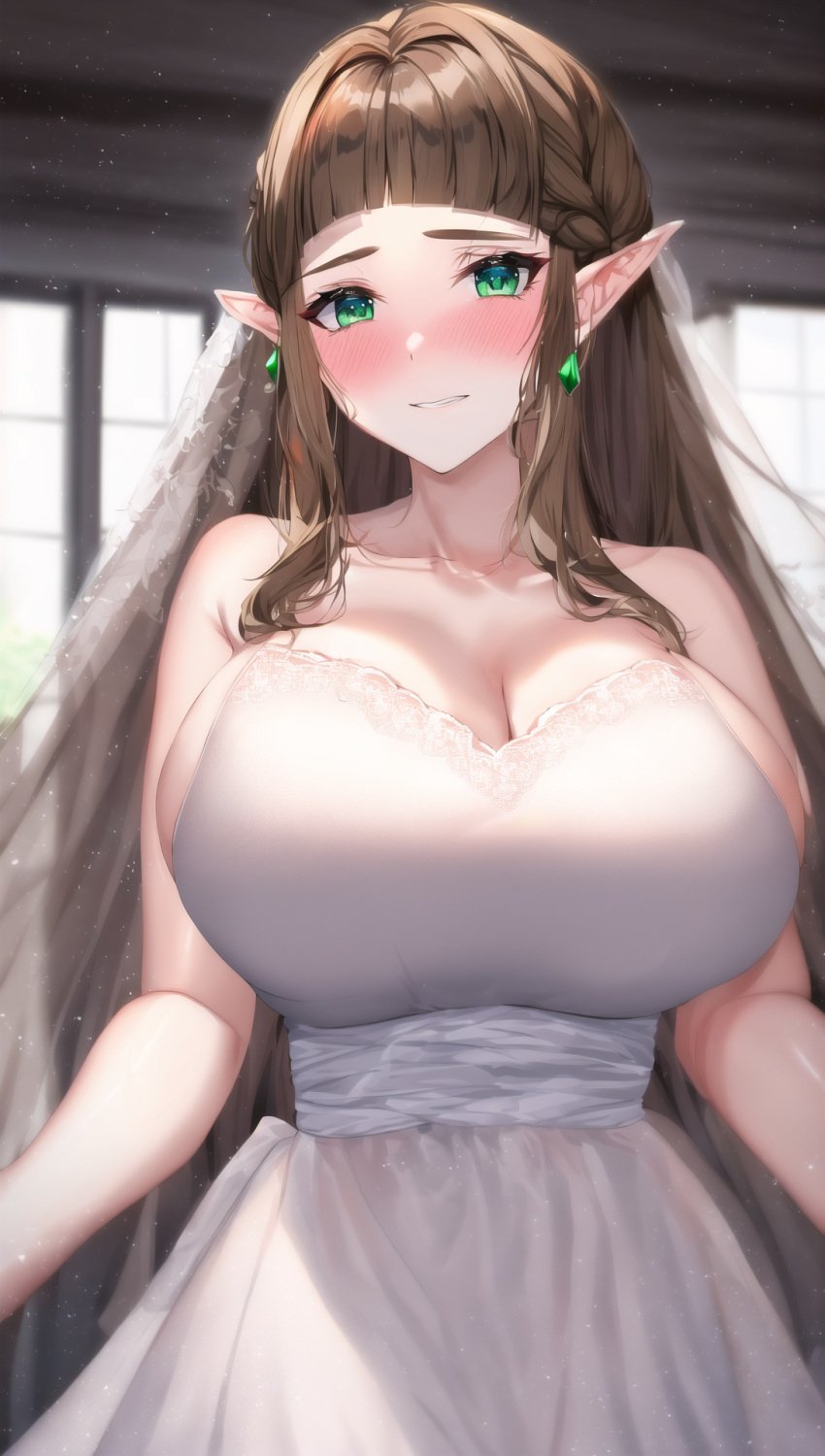 1girls ai_generated aroused blush braided_hair brown_hair elf elf_ears elf_female green_eyes long_hair matalica nintendo novelai pinup princess_zelda safe sfw shy the_legend_of_zelda twilight_princess wedding wedding_dress wedding_lingerie wedding_veil white_dress zelda_(twilight_princess)