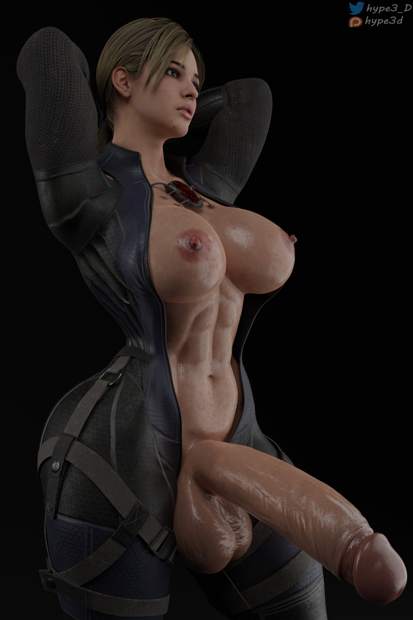 1futa 2023 3d bodysuit brown_hair bulge bulge_through_clothing capcom futanari huge_cock hype3d jill_valentine jill_valentine_(sasha_zotova) large_breasts large_penis light_skin resident_evil resident_evil_5 tagme