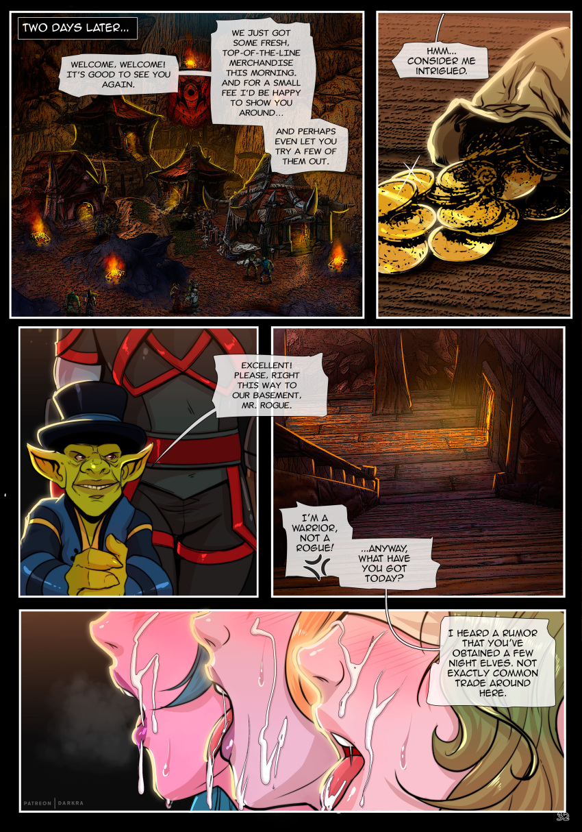 2boys 3girls aqua_hair being_sold blindfold blizzard_entertainment comic comic_page cum cum_on_face cum_on_tongue darkra dialogue druid_(warcraft) english_text facial goblin goblin_(warcraft) goblin_male kelsier_sharpsun lulusa_wildmist night_elf original_character page_32 pink_skin slave slave_auction slavegirl warcraft world_of_warcraft