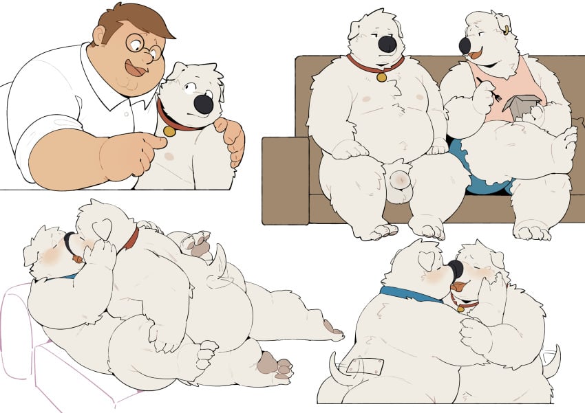 absurd_res animal_genitalia anthro ass balls blush brian_griffin canid canine canis collar domestic_dog family_guy fat fur genitals group hi_res human jasper_(family_guy) kissing male male/male mammal nude obese obese_male overweight overweight_male peter_griffin quanjiang robot_brian selfcest sheath square_crossover tail tail_motion tailwag white_body white_fur