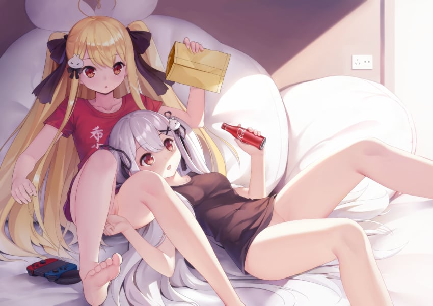 2girls barefoot bed blonde_hair coca-cola drink food game_console long_hair multiple_girls nopan original pussy red_eyes tokisaki_asaba tokisaki_mio twintails uncensored white_hair xiaoyin_li