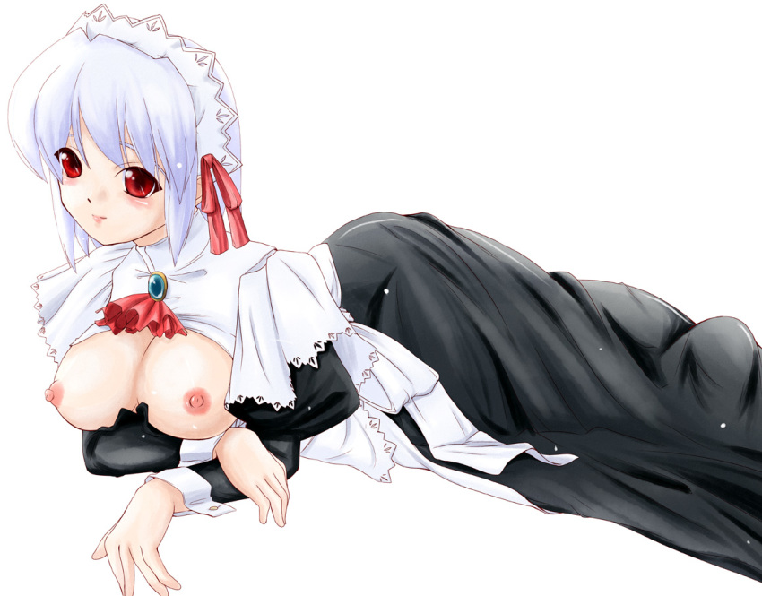 blush breasts breasts_out female kotonomiya_yuki maid maid_headdress red_eyes smile solo suigetsu watakinu white_hair