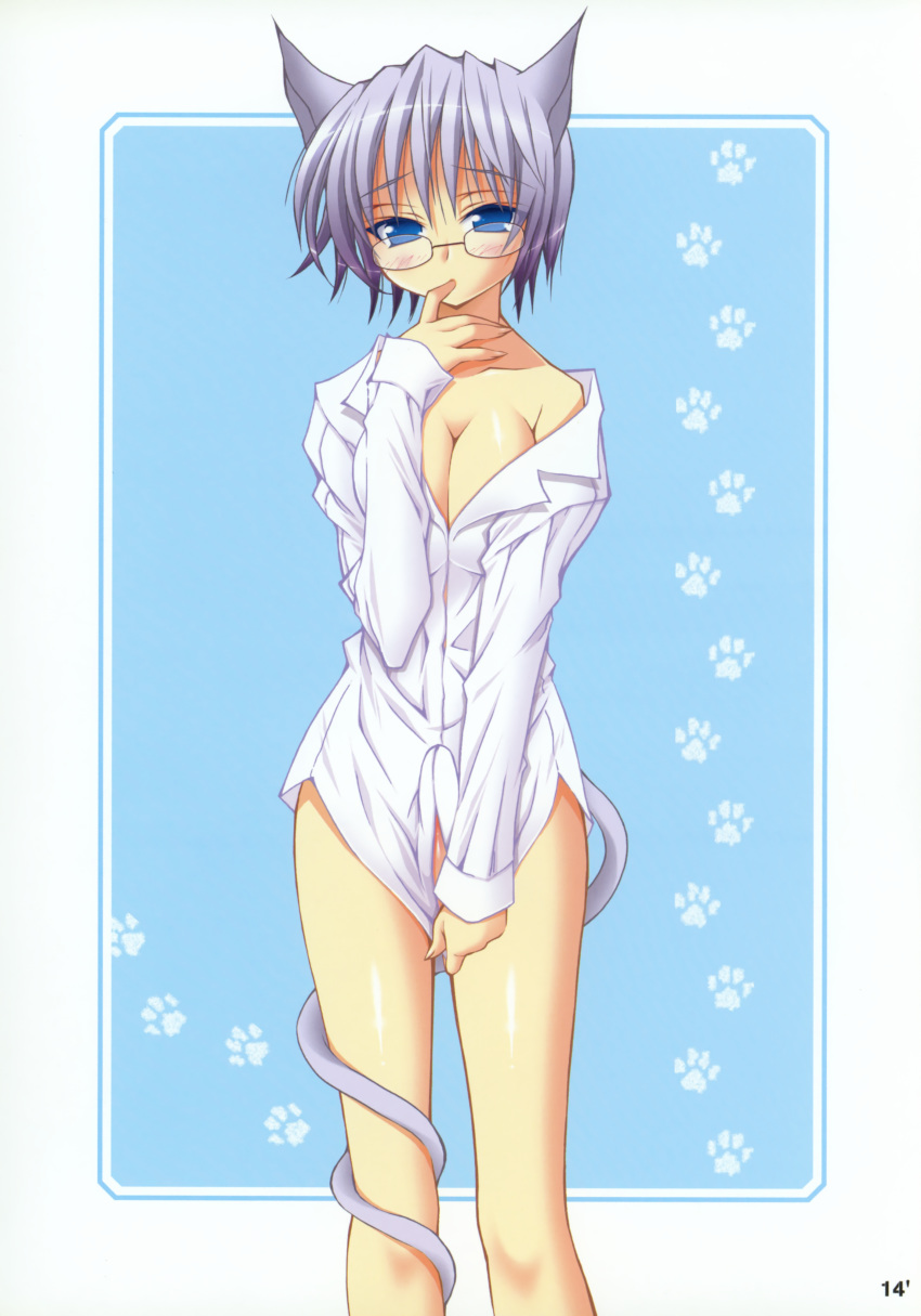 animal_ears bottomless cat_ears cleavage dress_shirt futanari intersex megane no_bra oshaban sasahiro tail