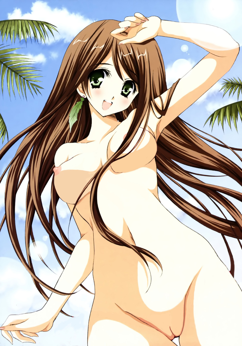 1girls absurdres anime_style armpits blush breasts brown_hair completely_nude completely_nude_female copyright_request day female female_only front_view green_eyes highres human long_hair navel nude outdoors pale_skin pointy_chin pussy sky smile solo yukiwo