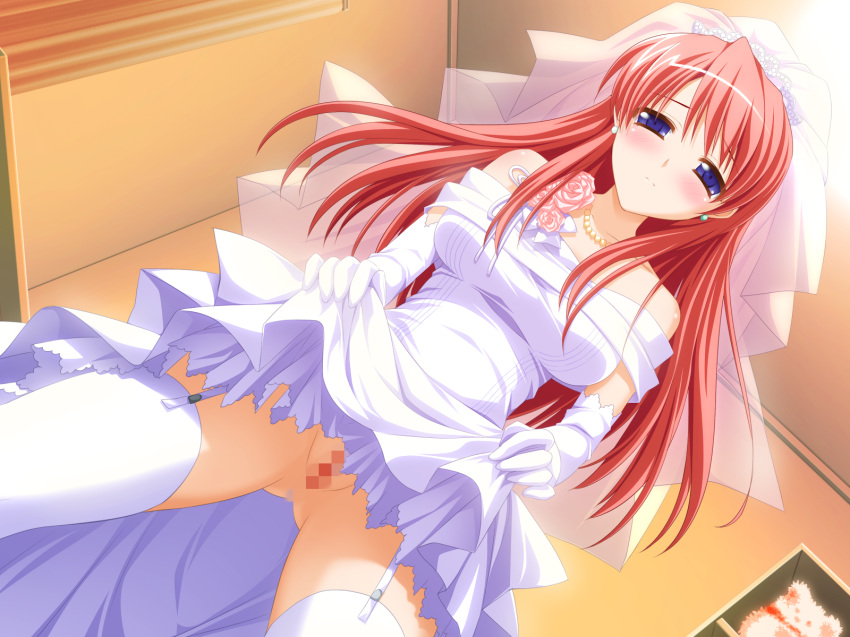 ariko_yohichi censored dress game_cg hasegawa_akemi human nopan pia_carrot_(series) skirt_lift stockings thighhighs vagina wedding_dress welcome_to_pia_carrot_4