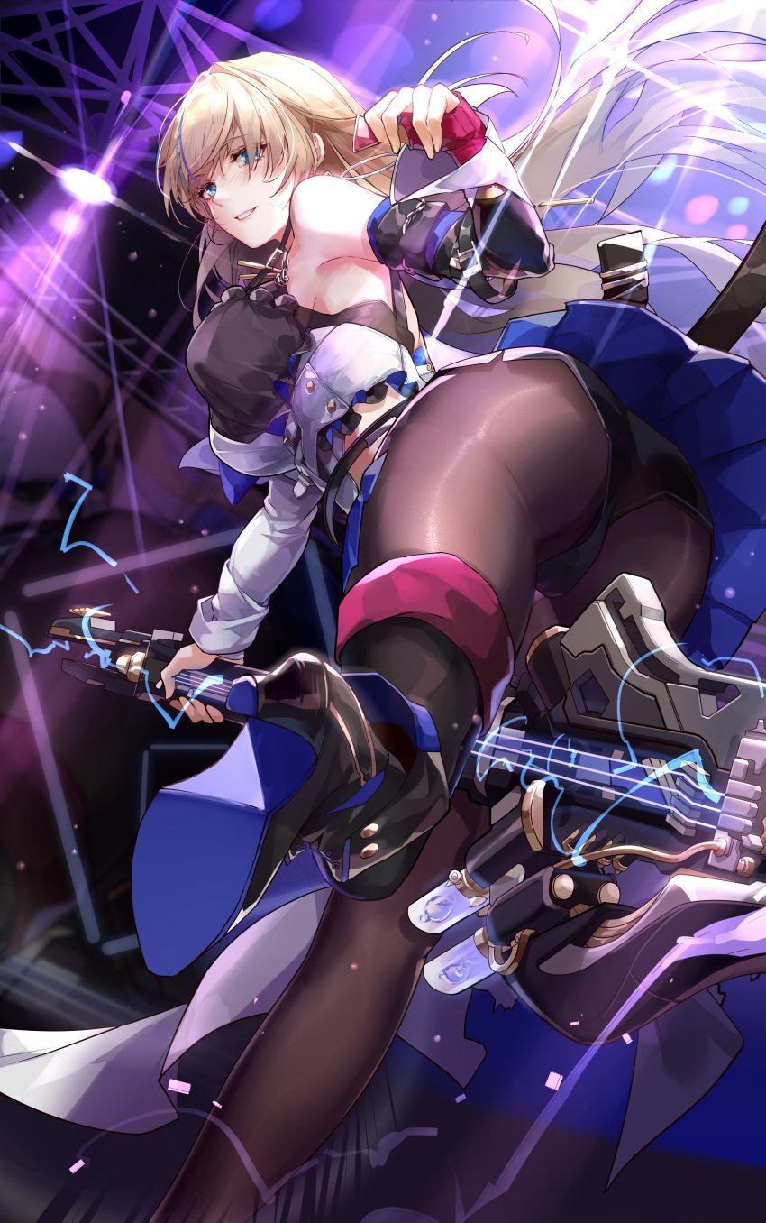 1girls absurd_res ass blonde_hair boots electric_guitar female guitar heel_boots hi_res high_resolution highres honkai:_star_rail honkai_(series) large_ass large_butt long_hair on_stage panties pantyhose serval_landau skirt solo stage tagme upskirt zomzomzomsauce