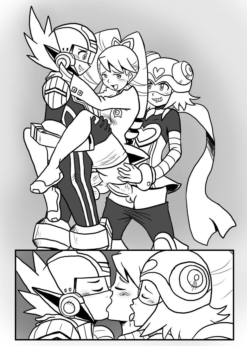 1boy 1futa 1girls anal big_penis breasts clothed clothing double_penetration dydidwhat erection female futa_on_female futa_sans_balls futanari geo_stelar greyscale harp_note human kissing luna_platz male mega_man mega_man_star_force monochrome mostly_clothed penis pussy sex stand_and_carry_position standing threesome vaginal_penetration