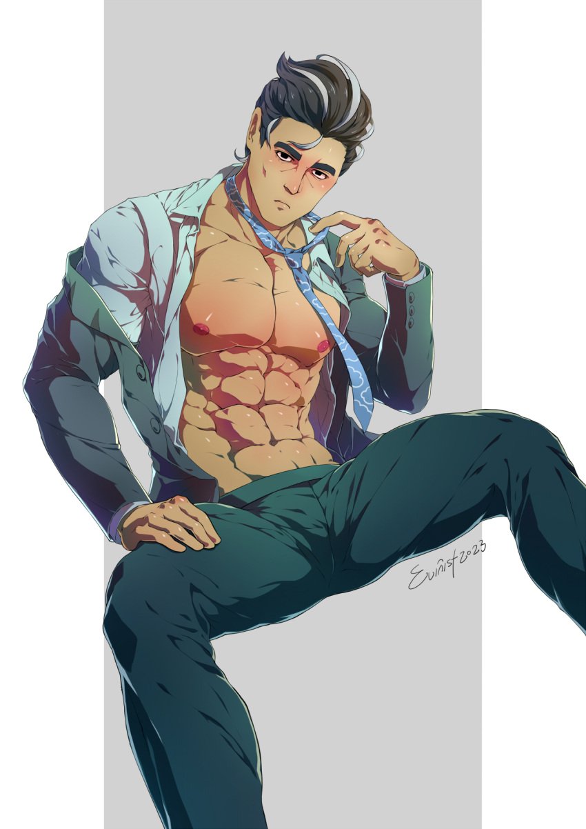 abs asian asian_male biceps bulging_biceps east_asian east_asian_male evinist larry_(pokemon) loose_necktie male male_only muscles muscular muscular_male open_shirt pecs pokemon pokemon_sv sitting smooth_chest smooth_skin