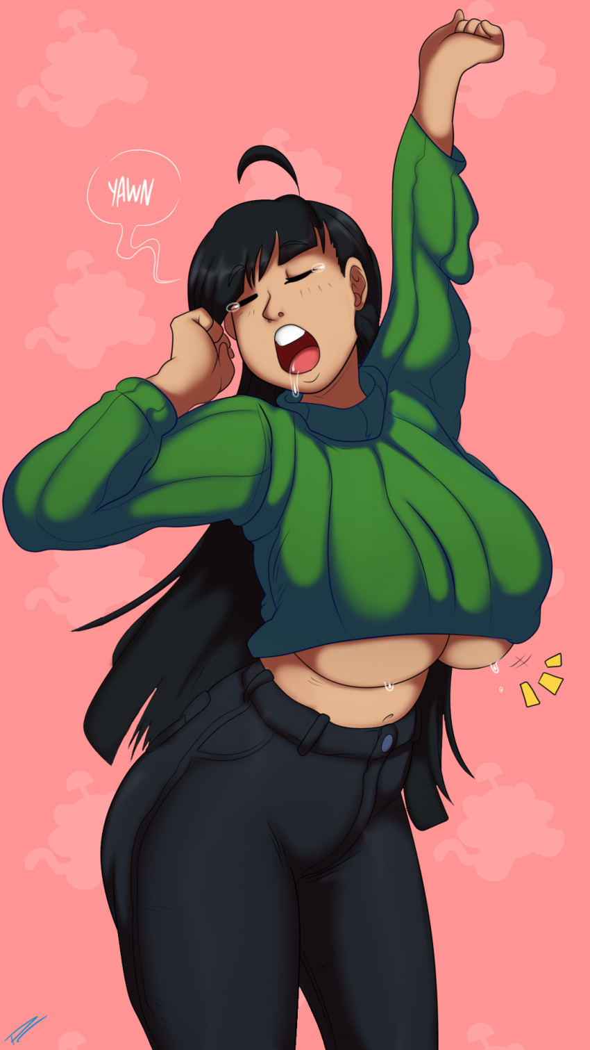 1girls asian asian_female big_breasts black_hair cartoon_network codename:_kids_next_door eyebrows eyelashes fakeryway female female_only huge_breasts kuki_sanban large_breasts long_hair navel numbuh_3 oddrich pleasure_castle saliva solo solo_female solo_focus sweat sweatdrop sweater sweater_lift thick_thighs thighs underboob wide_hips yawn yawning