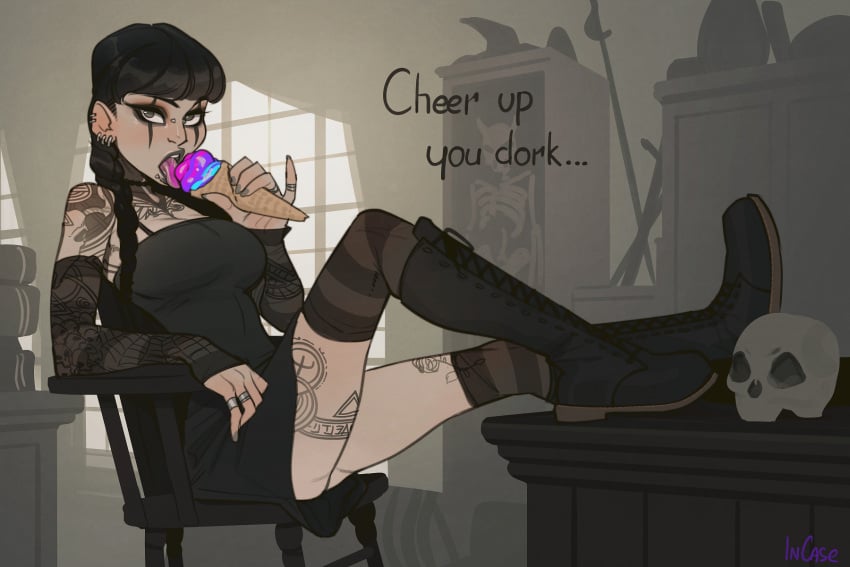 1girls 2d 2d_(artwork) black_dress black_socks boots braided_hair calf_boots chair clothed dress ear_piercing earrings english_text exposed_shoulders exposed_thigh feet_up female_focus female_only goth ice_cream ice_cream_cone incase laced_boots lip_piercing looking_at_viewer non_nude nose_piercing pearl_(incase) piercings reclining rings sitting_on_chair skull socks solo solo_female striped_socks tattoos text thigh_socks thighhighs thighs