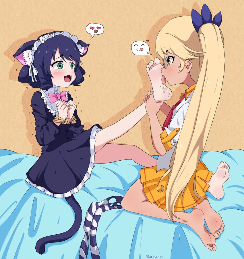 :3 amber_eyes animal_humanoid barefoot bed black_hair blonde_hair blush bow_ribbon canid canid_humanoid canine canine_humanoid canis cat_humanoid cyan_(show_by_rock!!) cyan_hijirikawa dog_humanoid domestic_cat domestic_dog duo eyewear feet felid felid_humanoid feline feline_humanoid felis female female/female foot_fetish foot_lick foot_play furniture glasses goth gothic_lolita green_eyes hair heart hi_res humanoid licking lolita_(fashion) long_hair maid_headdress mammal mammal_humanoid nervous open_mouth retoree_(show_by_rock!!) sanrio short_hair show_by_rock!! starevolet tongue tongue_out tope twintails_(hairstyle)