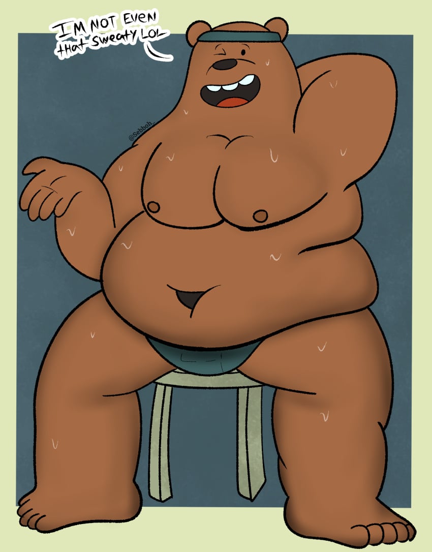 2023 absurd_res anthro bear belly bodily_fluids breasts cartoon_network clothed clothing feet grizzly_(wbb) happy hi_res male male_only mammal moobs obese overweight pinup pose sebboh sitting skimpy solo sweat sweaty_breasts sweaty_feet sweaty_legs sweaty_thighs underwear we_bare_bears