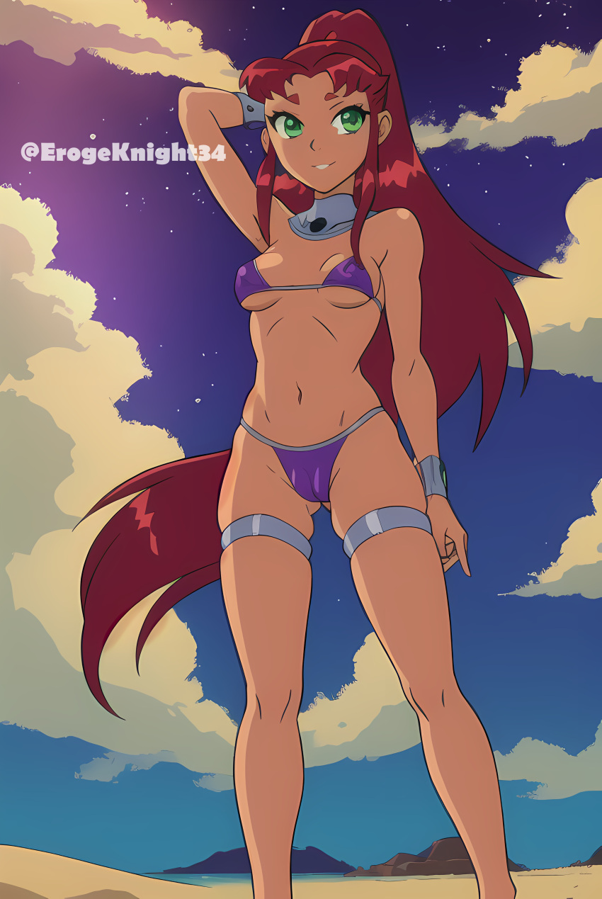 ai_generated beach dc erogeknight female full_body green_eyes micro_bikini night purple_thong red_hair solo solo_female stable_diffusion standing starfire teen_titans