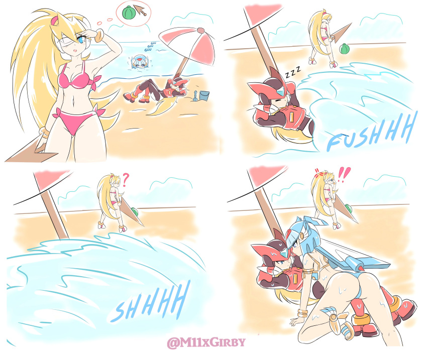 armpits ass beach bikini ciel_(mega_man) fairy_leviathan jealous m11xgirby mega_man mega_man_zero swimsuit tagme zero_(mega_man)