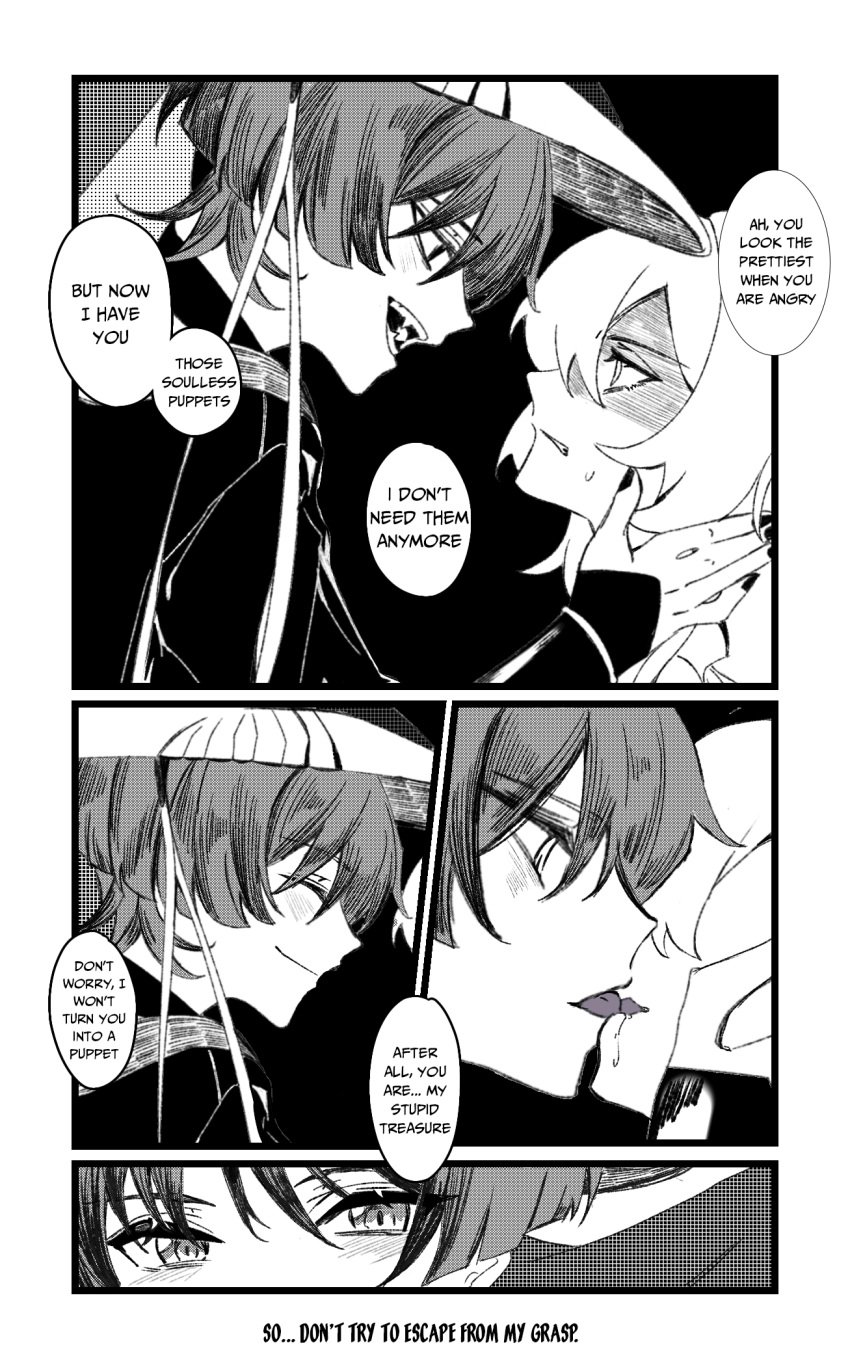 1boy 1girls angry_face captured_heroine english_text fangs female french_kiss genshin_impact kissing licking lumine_(genshin_impact) male maledom possessive scaramouche_(genshin_impact) sharp_teeth speech_bubble straight text tongue tongue_kiss tongue_out